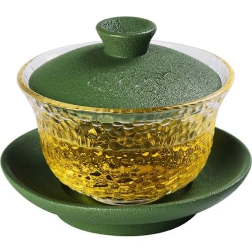 Japanese Heat-Resistant Glass Lid Bowl Cover Bowl Ceramic Hand Grip Gaiwan Household Tea Brewing Bowl Transparent Tea Ceremony