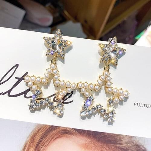 JZTOP Brand Ladies Creative Zircon Star Stud Earrings Fashion Women Imitation Pearl Pentagram Ear Earrings 2020 New Jewelry