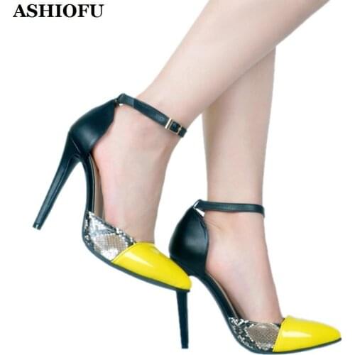 ASHIOFU New Hot Sale Ladies Stiletto High Heel Pumps Patchwork Leather Party Dress Shoes D'orsay Evening Fashion Court Shoes