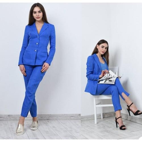 Summer Blue Linen Girls Pants Suits Women 2 Pieces Long Sleeve Evening Party Prom Blazer Tuxedos (Jacket+Pants)