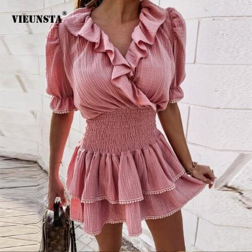 Sexy Off Shoulder V-Neck Slim Party Dress Elegant Ruffle Short Sleeve Solid Mini Dress Women Summer Design Elastic Waist Dresses