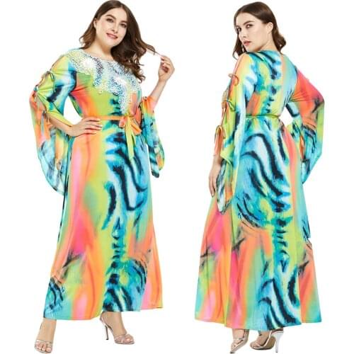 Boho Abaya Women Long Flare Sleeve Dress Kaftan Print Maxi Cocktail Party Gown Muslim Bohemia Holiday Sundress Plus Size Summer