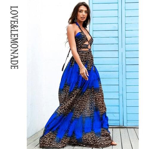 LOVE&LEMONADE Sexy Cross Strap Hollow Whit Split Blue Leopard Chiffon Summer Beach Maxi Dress LM83307-A