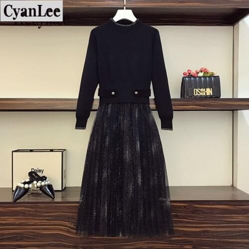 Cyanlee plus size women elegant sweater dress 2020 vintage mesh patchwork long sleeve autumn winter dresses vestidos female