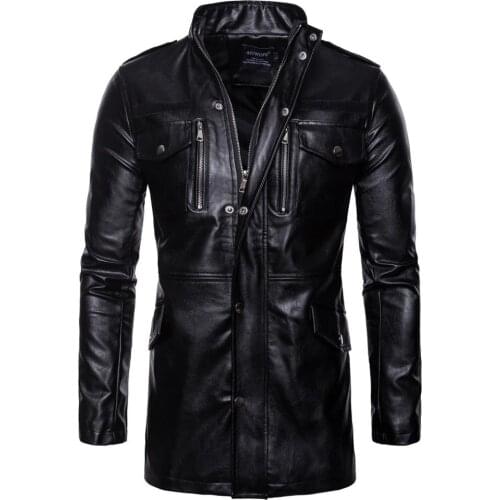 Mens Luxury Trench Leather Coat Mens Single breasted Business Casual Faux Leather Jacket Male Black Long PU Coat Big Size M-5XL