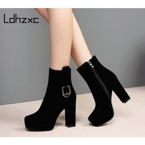 LDHZXC New Black Women Ankle Boots Cow Suede Leather Round Toe High Heels Platform Boots Autumn Winter Party Shoes Female