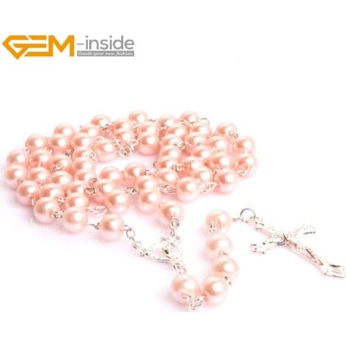 Gem-inside Natural Shell Beaded Jesus Necklace Cross Rosary Catholic Protestant Episcopal Prayer Rosaries Beads for Women Men