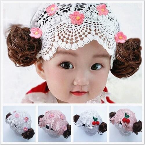 Yundfly Baby Lace Headband Newborn Wig Hat Princess Hat Baby Girls Cherry Flowers Bangs Photo Props