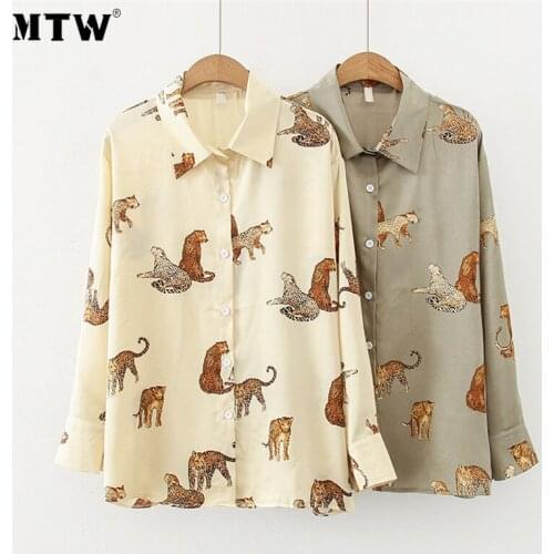 Women Autumn Loose Blouse Shirt Vintage Animal Print Office Tops 2020 Casual Turn Down Collar Long Sleeve Shirts