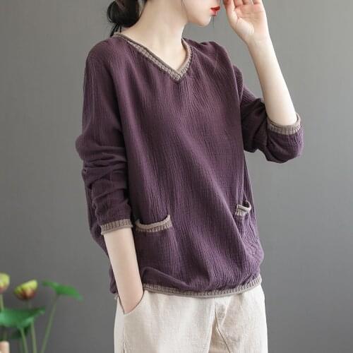 Women Double Cotton Vintage T-Shirts Pockets V-Neck Long Sleeve 2020 Spring New Patchwork Color Loose Female T-Shirts