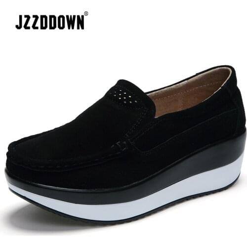 JZZDDOWN Large Size Women shoes genuine leather Cow Suede Heel High 4cm shoes woman platform Creeper women sneakers platform
