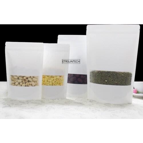 400pcs Coffee Tea Seeds Sweets Zipper Seal Kraft Paper Bag Window Stand Up Sealable White Color