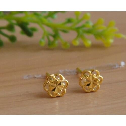 999 Real 24K Yellow Gold Earrings Women Luck Hollow Flower Stud Earrings 0.88g 6mmW Beauty Women Earrings