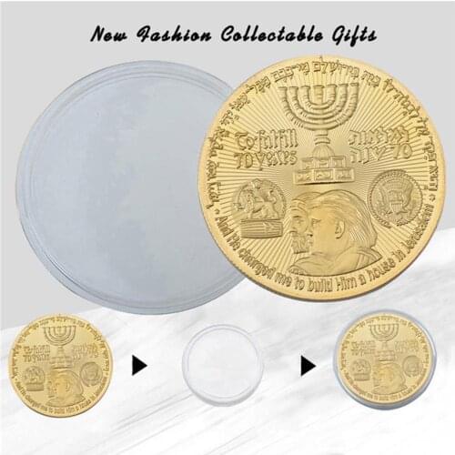 Collectible Gold Coins Crafts US Donald Trump Gold Plated Coin Jewish Temple Jerusalem Israel Commemorative With Coin Case 40mm