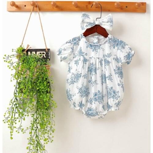 Toddle Baby Girls Romper Summer Flower Printed Princess Ruffle Retro Bodysuit+hair Band 2 PCS Sets BABY Outfits Clothes 0-18M