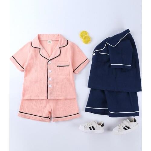 Summer children pajamas suit cotton linen kids soild pajamas set boys homewear pure girls short sleeve 2pcs pyjamas set Cute