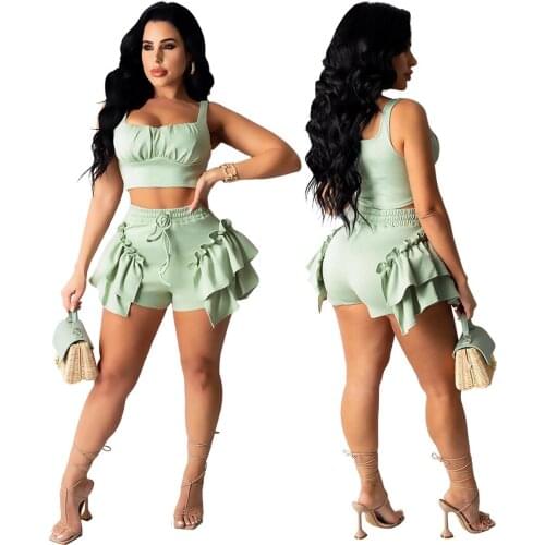 Fashion womens solid color ruffles, wood ears, halter back, strappy vest and shorts two-piece set