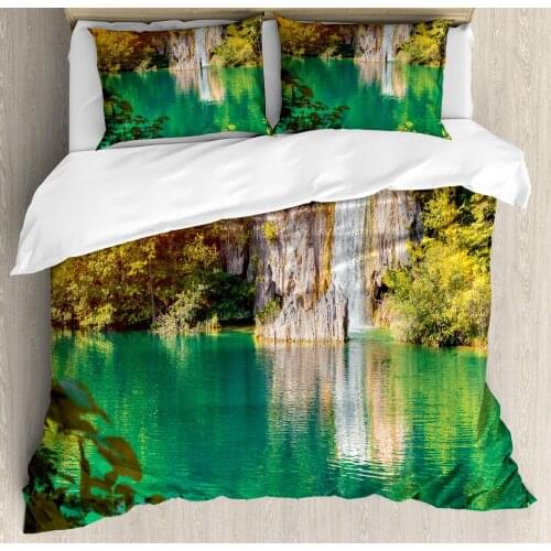 Croatia Duvet Cover Set Outdoor Scene with Forest and Lake 3 Piece Bedding Set Jade Green Pale Yellow Green Dark Peach Champagne