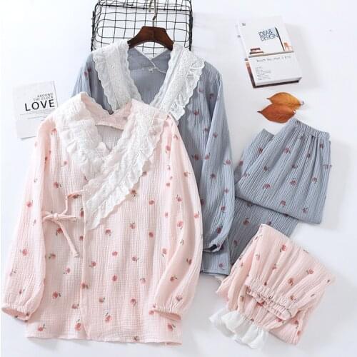 Japan Kimono Pajamas Set Women Spring Pure Cotton Crepe Long Sleeve Trousers Lace-up Ladies Sleepwear Comfy Home Bathrobe Suit