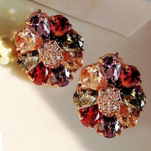 Luxury Female Crystal Flower Small Earrings Charm Gold Color Wedding Earrings Cute Bride Rainbow Zircon Stud Earrings For Women