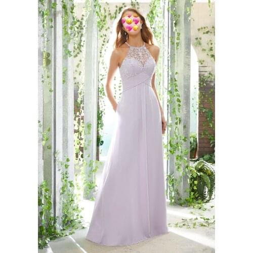 Lilac Chiffon Bridesmaid Dresses 2020 Back Keyhole Prom Party Dresses Halter Lace Wedding Guest Gowns Women Party Dress Custom