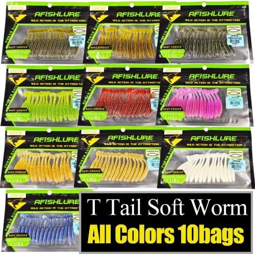 Super Soft Lure Set 150pcs T Tail Soft Worm Maggot 50mm 1g Paddle Tail Fishing Bait Totally 10 Colors Texas Rig