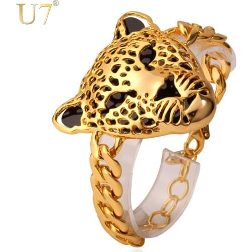 U7 Chunky Big Bracelets For Women/Men African Fashion Jewelry Wholesale Gold Color Animal Leopard Head Bracelet H789