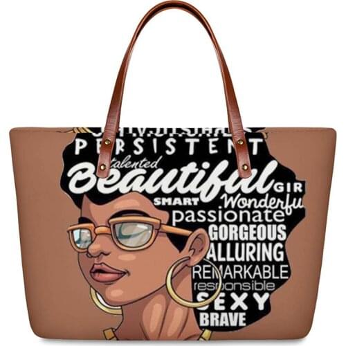 HYCOOL African Art Girl Black Queen Print Women PU Leather Handles Tote Bag Female Casual Handbags Ladies Fashion Tote Pouch
