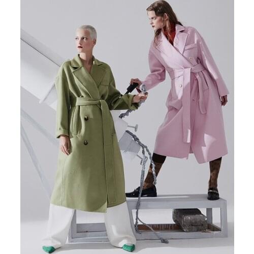 Hepburn gentle wind green water ripple double-sided cashmere coat womens middle long lace up 2021 winter anti