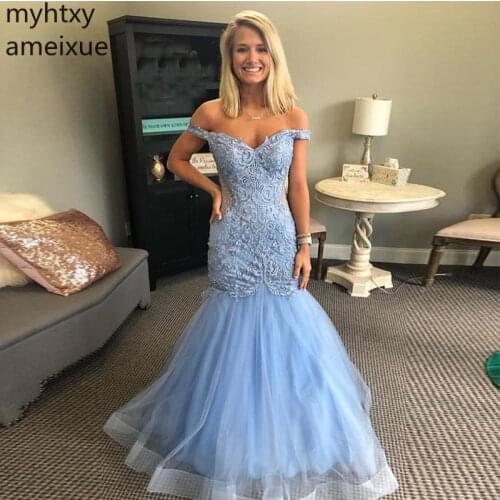Event Light Blue Mermaid Prom Dresses Shoulder Hollow Back Gowns 2020 Tiered Skirt Trumpet Women Formal Party Long Dress Elegant