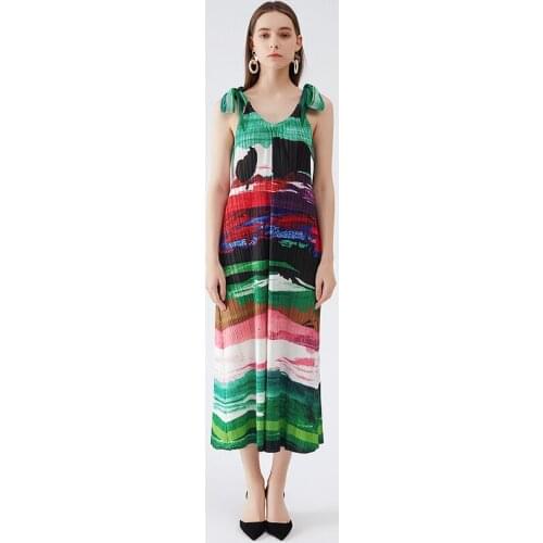 Miyake Pleated ink Printing Korean fashion loose lon women dress 2021 Summer pleated camisole dress