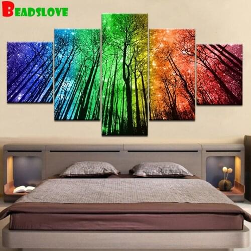 5 Panel diamond painting Colorful Tree Landscape nightscape 5d diy handmade embroidery full square round drill Modern decor art