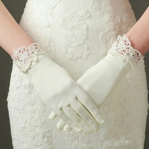 Satin Short Wedding Gloves Bridal Bridesmaid Opera Party Mittens Lace Diamonds 1920s Flapper Adult Size Wrist Length