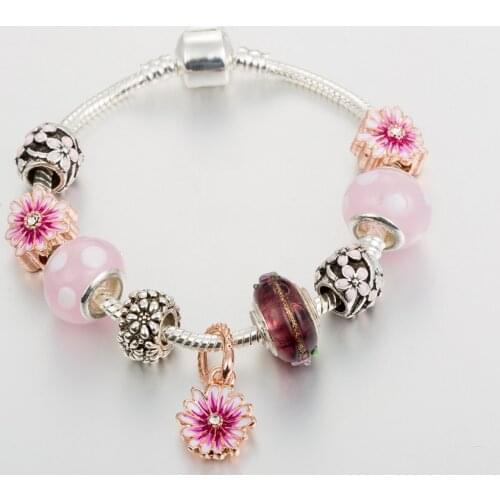 ANNAPAER 2020 New Daisy Butterfly Charm Beads Pink Flower Bracelets Bangles For Women Fit Original Bracelet DIY Jewelry B20010