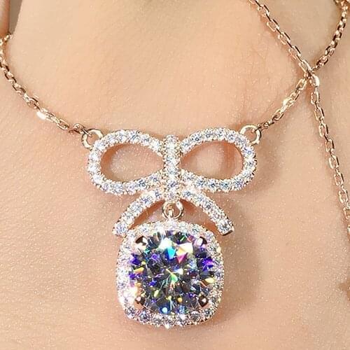 10K Rose Gold Women Pendants Necklaces Moissanite Diamond 0.5 1 2 3 4 5 Ct Square Bowknot Wedding Anniversary Engagement Party