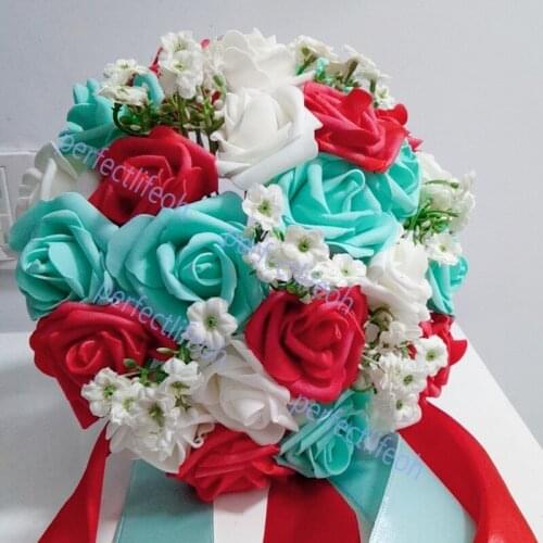 Perfectlifeoh Bridal Bouquet Hot Sale Artificial Rose Flowers Pearls Bride Bridal Lace Accents Wedding Bouquets with Ribbon