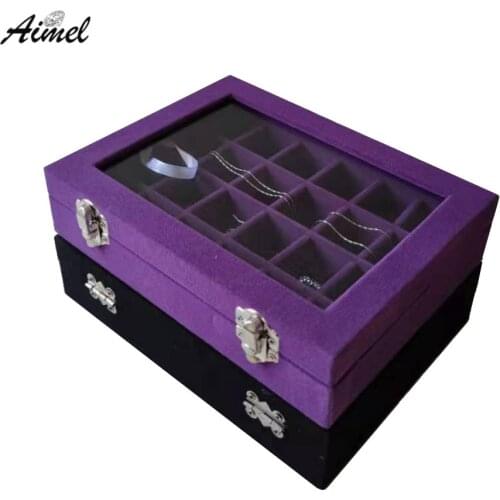 24Grid Jewelry Storage Case With Glass Cover Jewelry Ring Earrings Display Organizer Box Velvet Stud Cufflinks Beads Casket Box