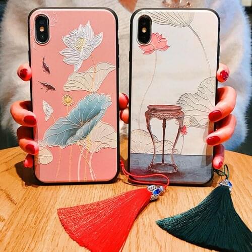 Flower Chinese Style Case For For iPhone XS Max XR X 8 7 6 6S Plus 3D Relief Lotus Floral Painted Soft Silicone Full Cover Shell