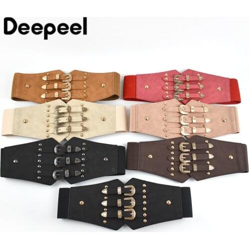 Deepeel 1pc Women Fashion Cummerbunds Faux Leather Retro Vintage Decor Corset Pin Buckle DIY Crafts Luxury Elastic Wide Belt