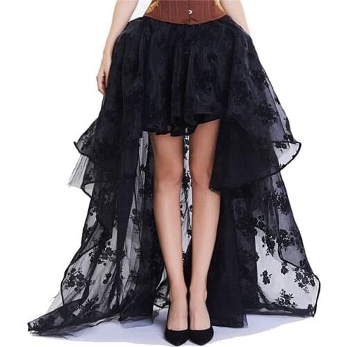 Women Irregular Ruffle Hem Skirt Fashion Floral Embroidery Elastic Waist Tulle Skirt for Summer Black/White