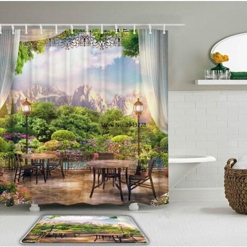 European Arch Nature Garden Scenery Bathroom Waterproof Shower Curtains Set Toilet Non-slip Bath Mat Rug Fabric Shower Curtain