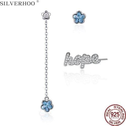 SILVERHOO Asymmetry Letter Stud Earrings 925 Sterling Silver Blue Austria Crystal Star Earrings For Women Romantic Jewelry Gift