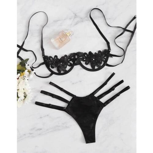 Women Sexy Lace Satin Hollow out Floral Sheer Lace Tops Bra Thong Underwear Set Sexy Lingerie Exotic Sets