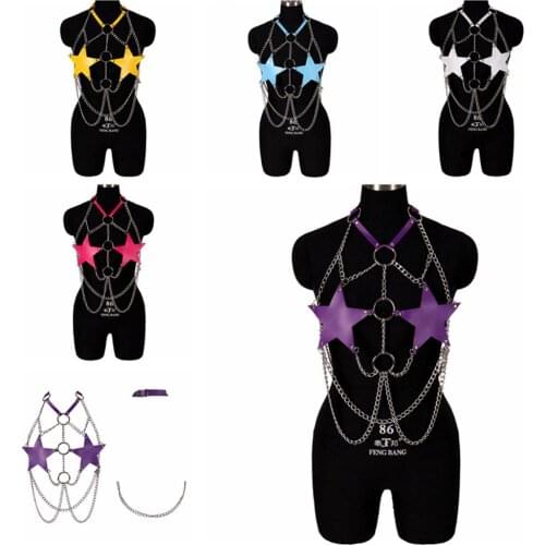 Pentagram Metal Chain Accessories Holographic Body Chain Harness Top Crops Goth Punk Women Festival Rave Outfit Erotic Lingerie