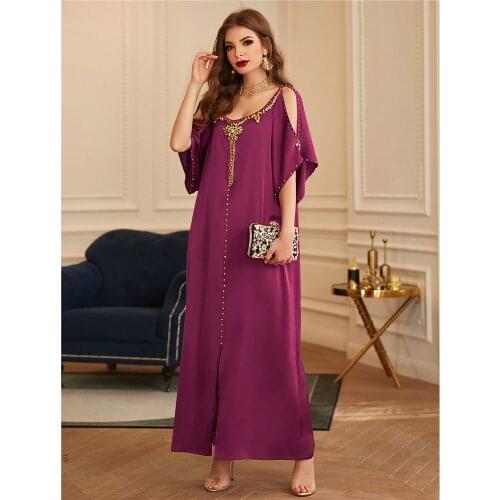 Morocan Abaya Dubai Kaftan Diamond Muslim Women Dress Cold Shoulder Evening Party Gown Turkish Caftan Arabic Robe Jalabiya Eid