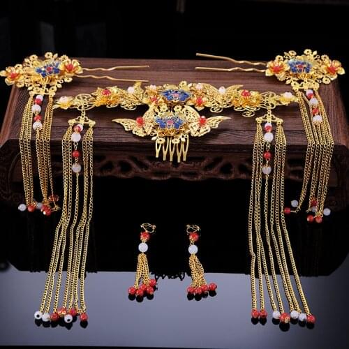 2019 new brides wedding headdress Chinese style Phoenix crown hair tassel hair stick ornaments bride hair jewelry