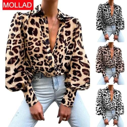 2021 Autumn New European and American Womens Clothing Leopard Print Fashion Casual Shirt Lapel Single Breasted