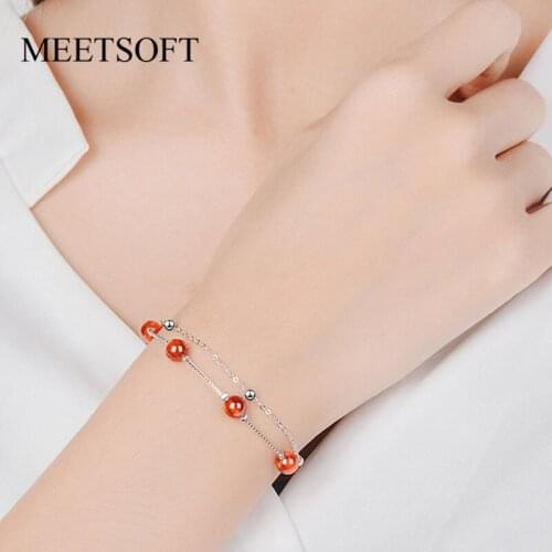 MEETSOFT New Fashion Silver Color Accessories Trendy Garnet Bracelets For Women Simple Red orb Popular Jewelry Gift