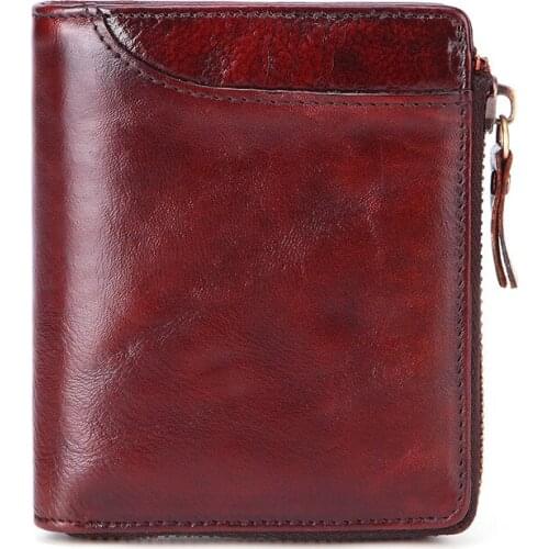 New Mens Short Wallet Genuine Leather Retro Oil Wax Leather Mens Bag Casual Zipper Security Vertical Coin Purse