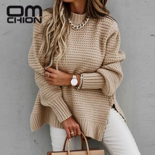 OMCHION Sueter Mujer 2021 New Half High Neck Long Sleeve Thick Sweater For Women Loose Split Knitted Pullover Warm Chic Knitwear